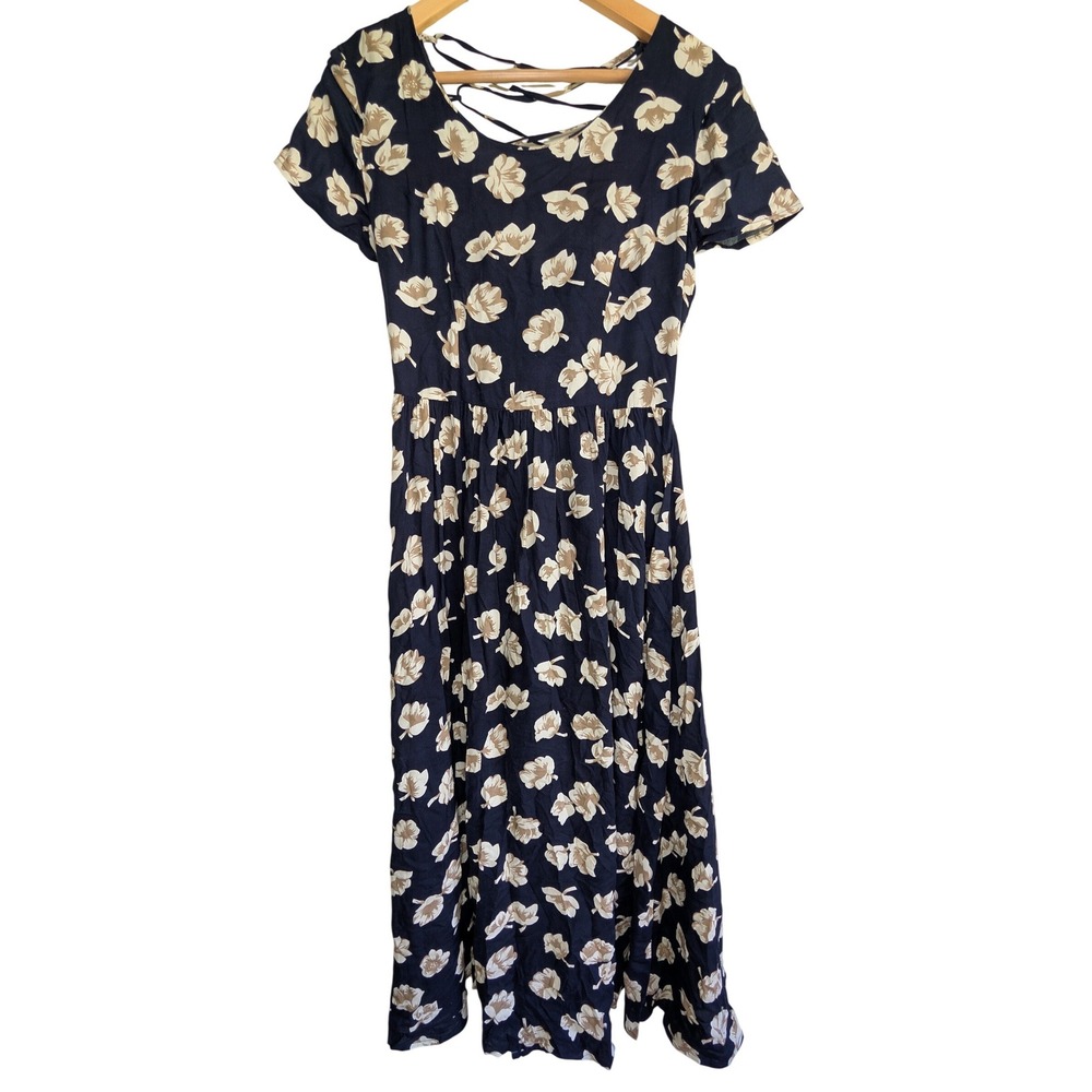 Boutique Europa Floral Lace Up Corset Back Midi Dress Size‎ 6 Rayon Navy Cottage